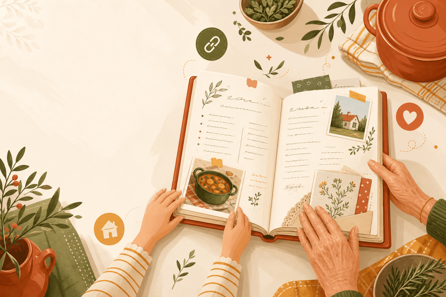 Ilustración de un recetario familiar cálido con tarjetas de recetas